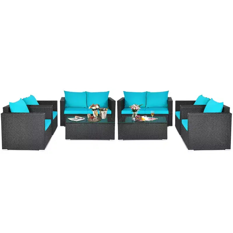 Costway 8PCS Patio Rattan Furniture Set Cushioned Sofa Chair Coffee Table Turquoise\Red\Black