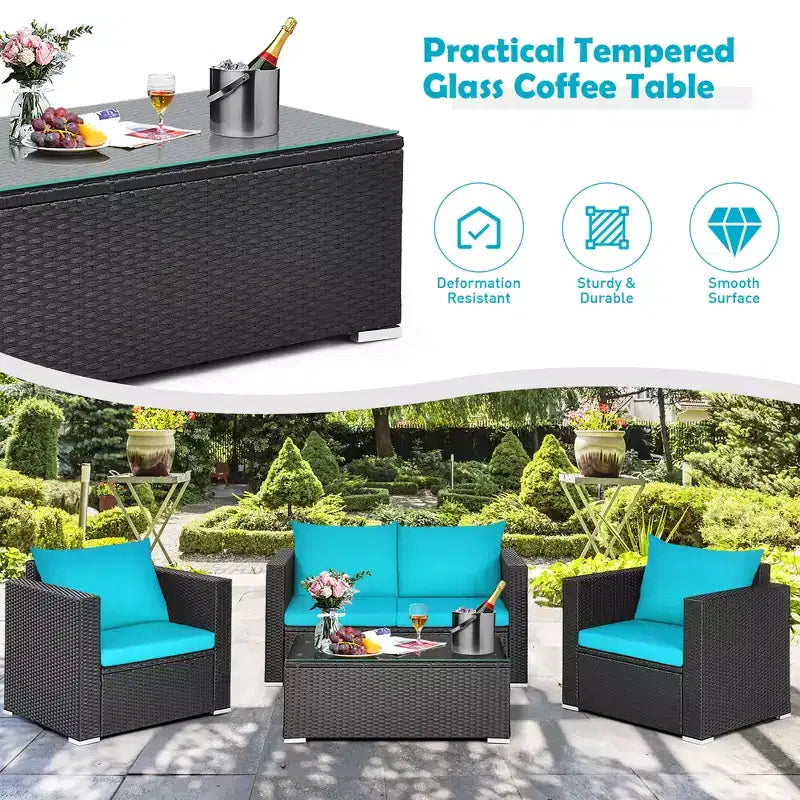 Costway 8PCS Patio Rattan Furniture Set Cushioned Sofa Chair Coffee Table Turquoise\Red\Black