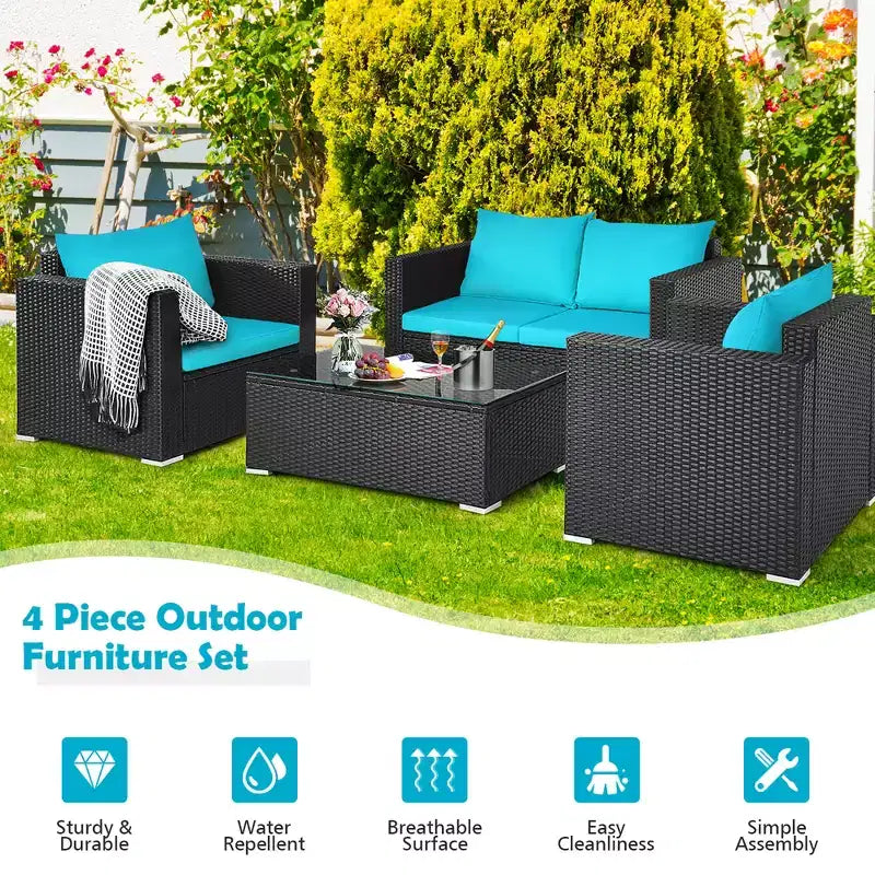 Costway 8PCS Patio Rattan Furniture Set Cushioned Sofa Chair Coffee Table Turquoise\Red\Black