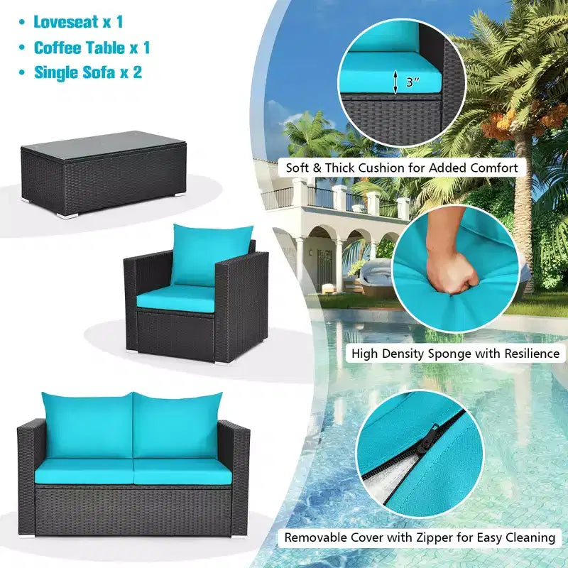 Costway 8PCS Patio Rattan Furniture Set Cushioned Sofa Chair Coffee Table Turquoise\Red\Black