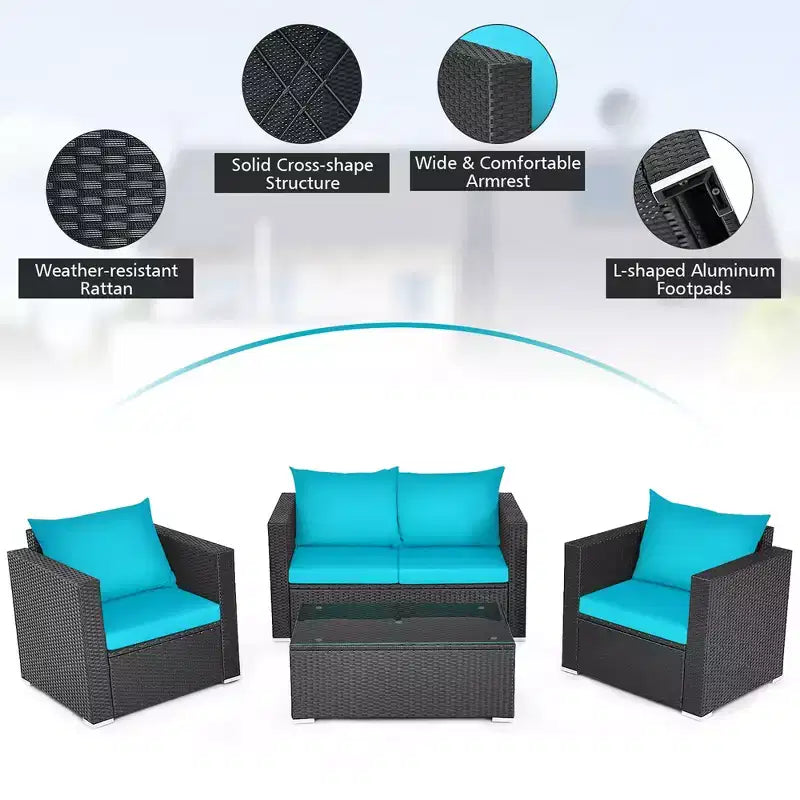Costway 8PCS Patio Rattan Furniture Set Cushioned Sofa Chair Coffee Table Turquoise\Red\Black