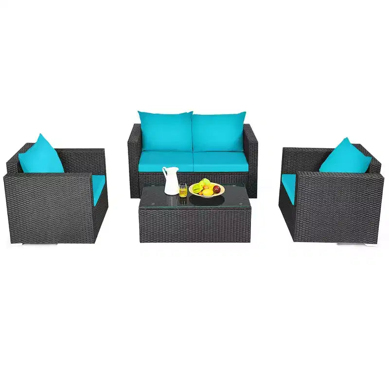 Costway 8PCS Patio Rattan Furniture Set Cushioned Sofa Chair Coffee Table Turquoise\Red\Black