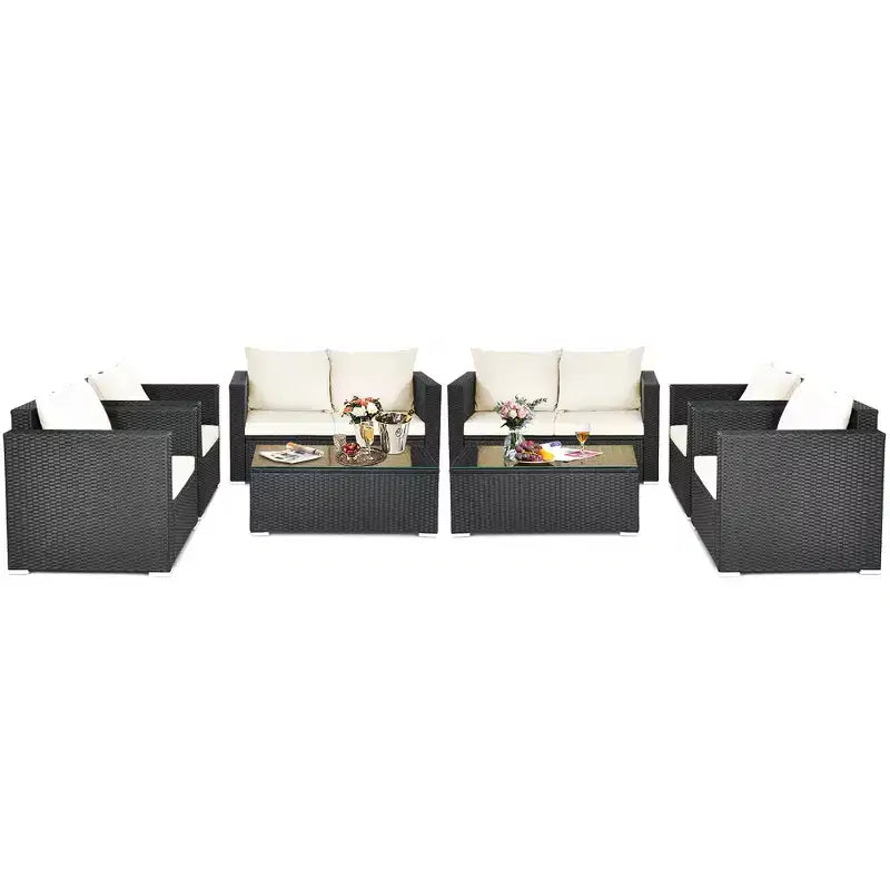 Costway 8PCS Patio Rattan Furniture Set Cushioned Sofa Chair Coffee Table Turquoise\Red\Black