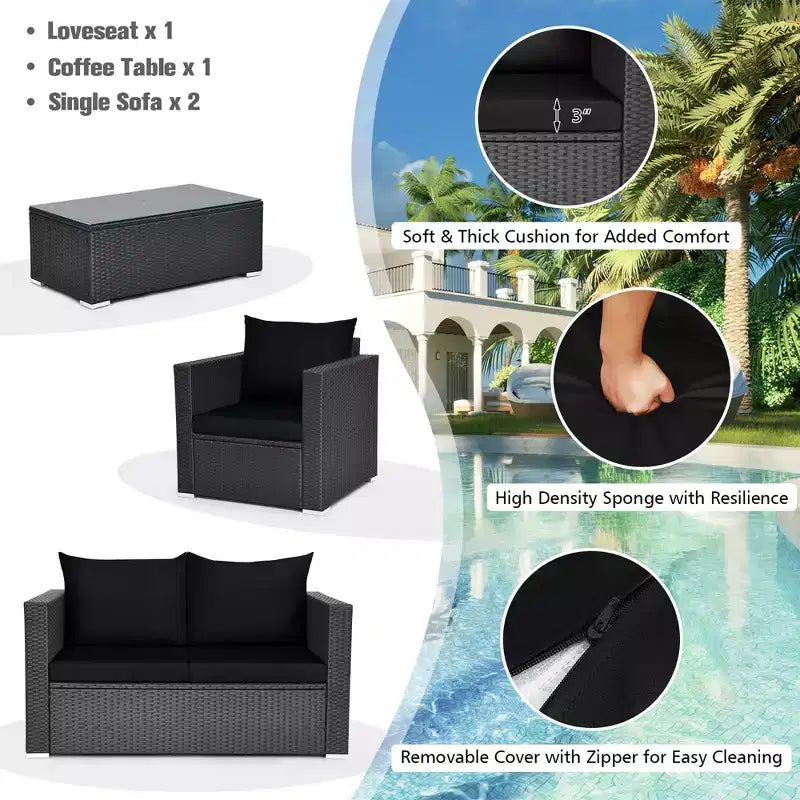 Costway 8PCS Patio Rattan Furniture Set Cushioned Sofa Chair Coffee Table Turquoise\Red\Black