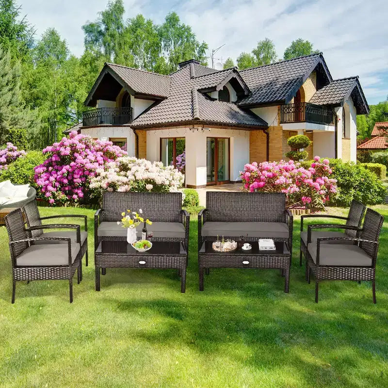 Costway 8PCS Rattan Patio Conversation Set Outdoor Furniture Set Garden w/Cushion