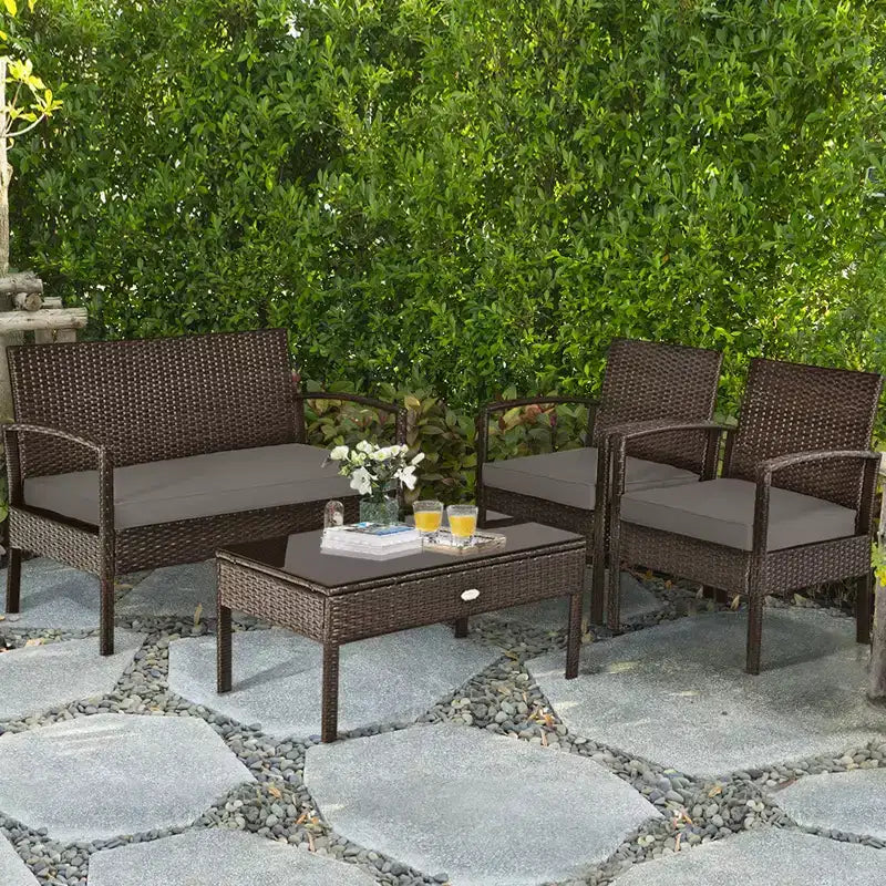 Costway 8PCS Rattan Patio Conversation Set Outdoor Furniture Set Garden w/Cushion