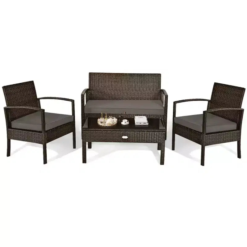 Costway 8PCS Rattan Patio Conversation Set Outdoor Furniture Set Garden w/Cushion
