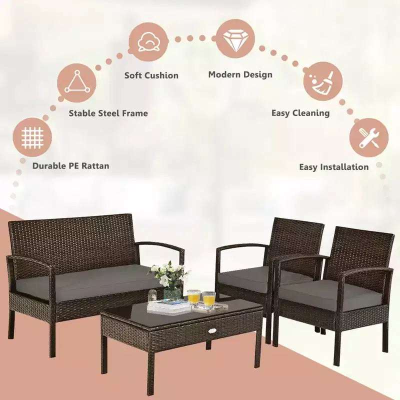 Costway 8PCS Rattan Patio Conversation Set Outdoor Furniture Set Garden w/Cushion