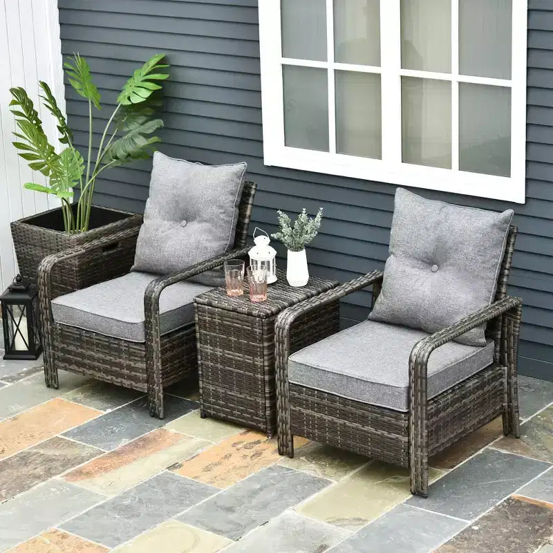 Outsunny 3 Piece Patio Furniture Set, PE Rattan Wicker Storage Table and Chairs w/ Tufted Cushions
