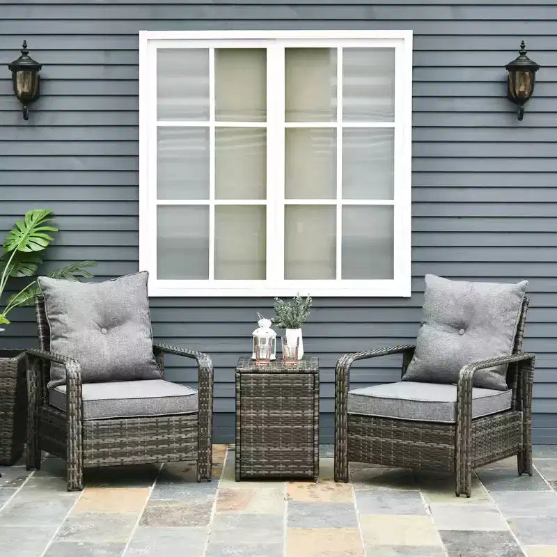 Outsunny 3 Piece Patio Furniture Set, PE Rattan Wicker Storage Table and Chairs w/ Tufted Cushions