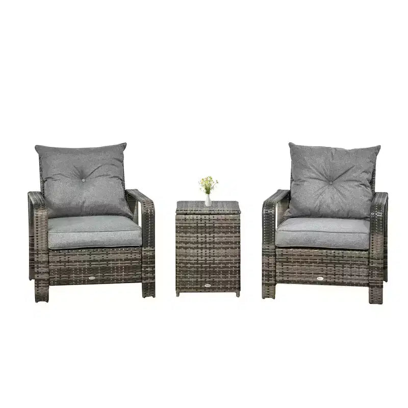 Outsunny 3 Piece Patio Furniture Set, PE Rattan Wicker Storage Table and Chairs w/ Tufted Cushions
