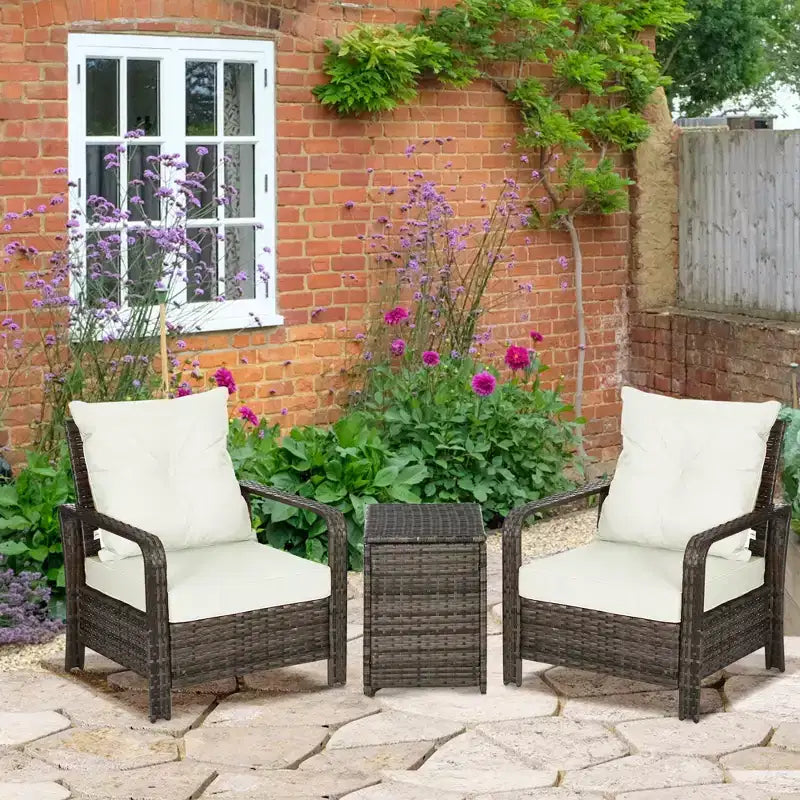 Outsunny 3 Piece Patio Furniture Set, PE Rattan Wicker Storage Table and Chairs w/ Tufted Cushions