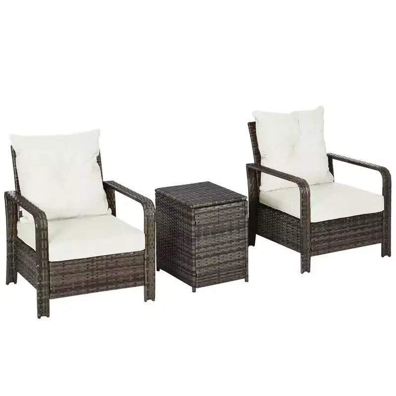 Outsunny 3 Piece Patio Furniture Set, PE Rattan Wicker Storage Table and Chairs w/ Tufted Cushions