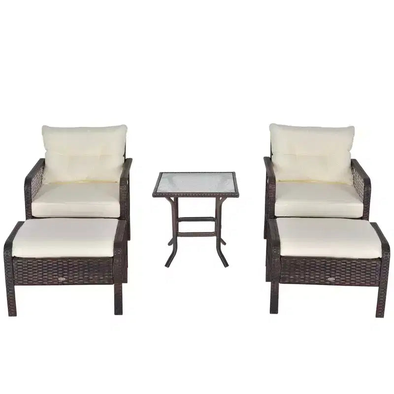 Outsunny 5-Piece Wicker Patio Armchair Set with Ottoman, Outdoor PE Rattan Furniture Set with Comfortable Zippered Cushions & Weather-Fighting Build