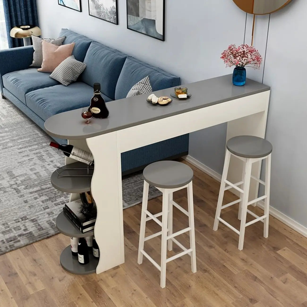 Tavoli da bar moderni con scaffali asimmetrici in legno bianco e nero
