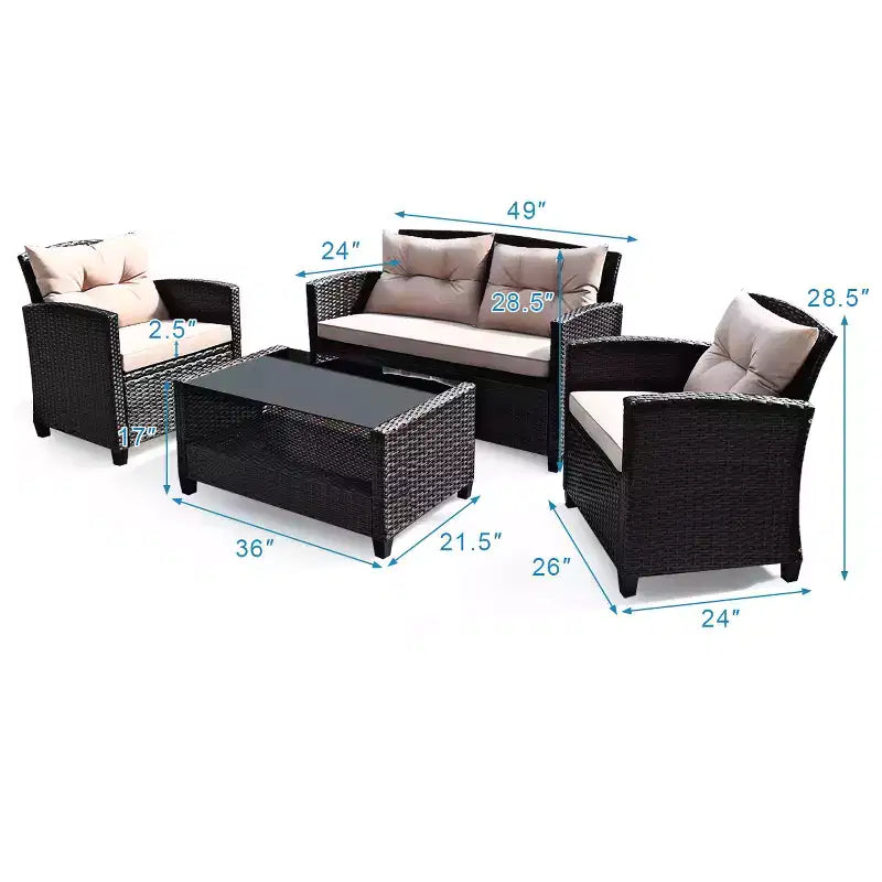 Costway 4PCS Outdoor Rattan Furniture Set Cushioned Sofa Armrest Table