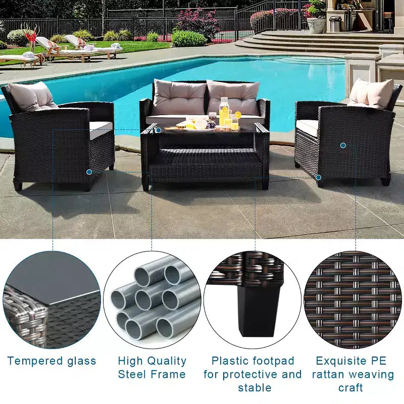 Costway 4PCS Outdoor Rattan Furniture Set Cushioned Sofa Armrest Table