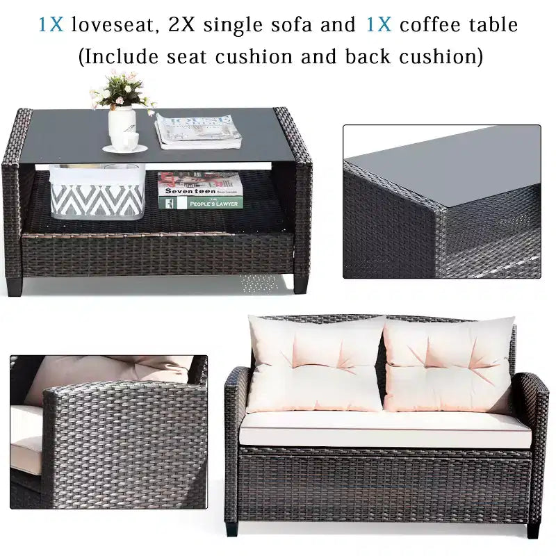 Costway 4PCS Outdoor Rattan Furniture Set Cushioned Sofa Armrest Table