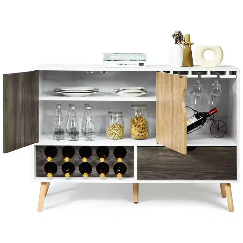 Credenza buffet di metà secolo in legno con portabottiglie e porta bicchieri