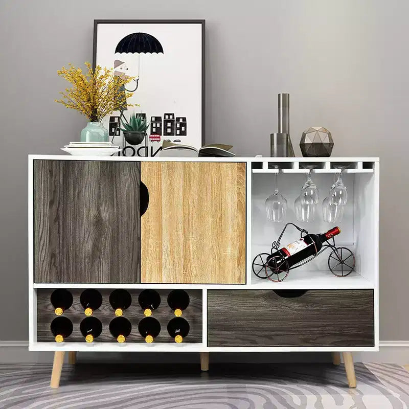Credenza buffet di metà secolo in legno con portabottiglie e porta bicchieri