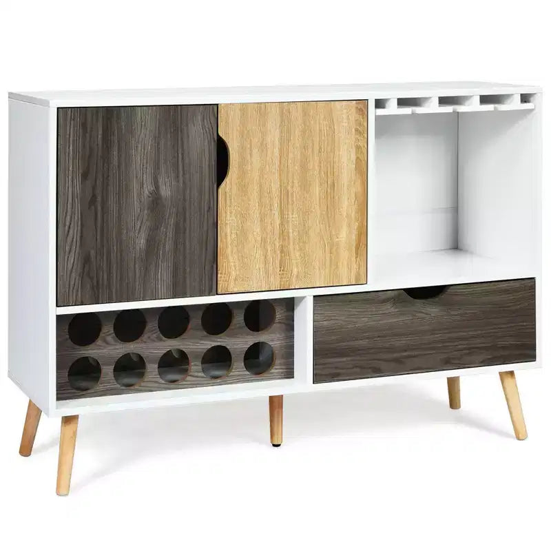 Credenza buffet di metà secolo in legno con portabottiglie e porta bicchieri