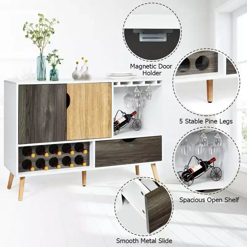 Credenza buffet di metà secolo in legno con portabottiglie e porta bicchieri