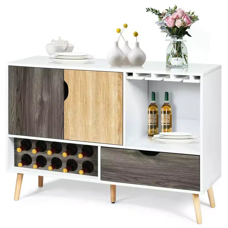 Credenza buffet di metà secolo in legno con portabottiglie e porta bicchieri