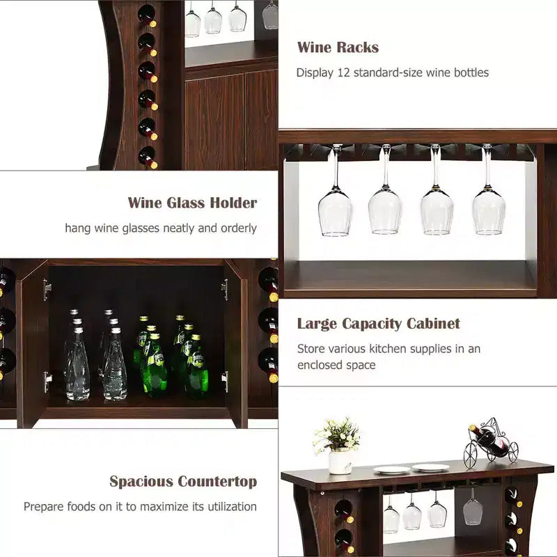 Credenza Buffet con Ruote Mobile Bar in Legno con Portabottiglie e Portabicchieri