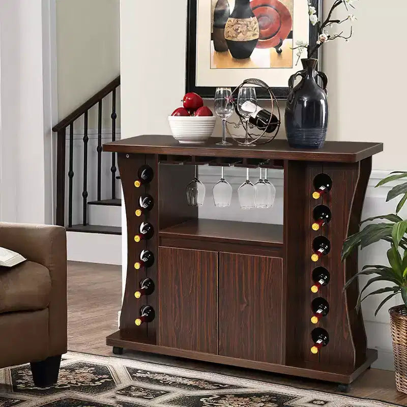 Credenza Buffet con Ruote Mobile Bar in Legno con Portabottiglie e Portabicchieri