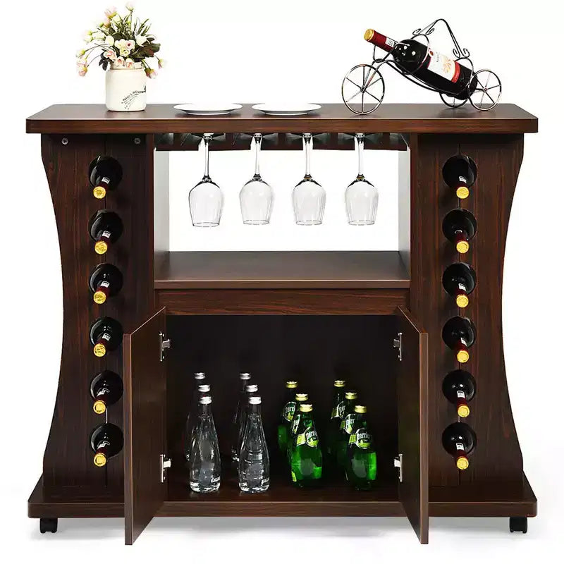 Credenza Buffet con Ruote Mobile Bar in Legno con Portabottiglie e Portabicchieri