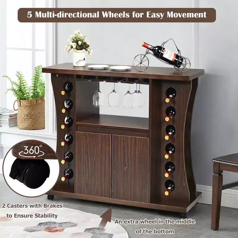 Credenza Buffet con Ruote Mobile Bar in Legno con Portabottiglie e Portabicchieri