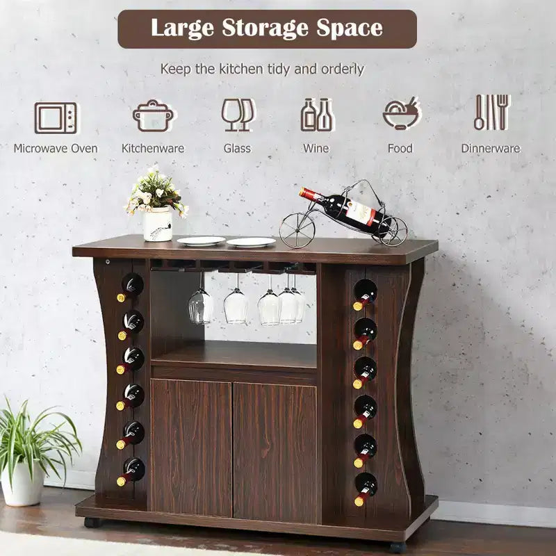 Credenza Buffet con Ruote Mobile Bar in Legno con Portabottiglie e Portabicchieri