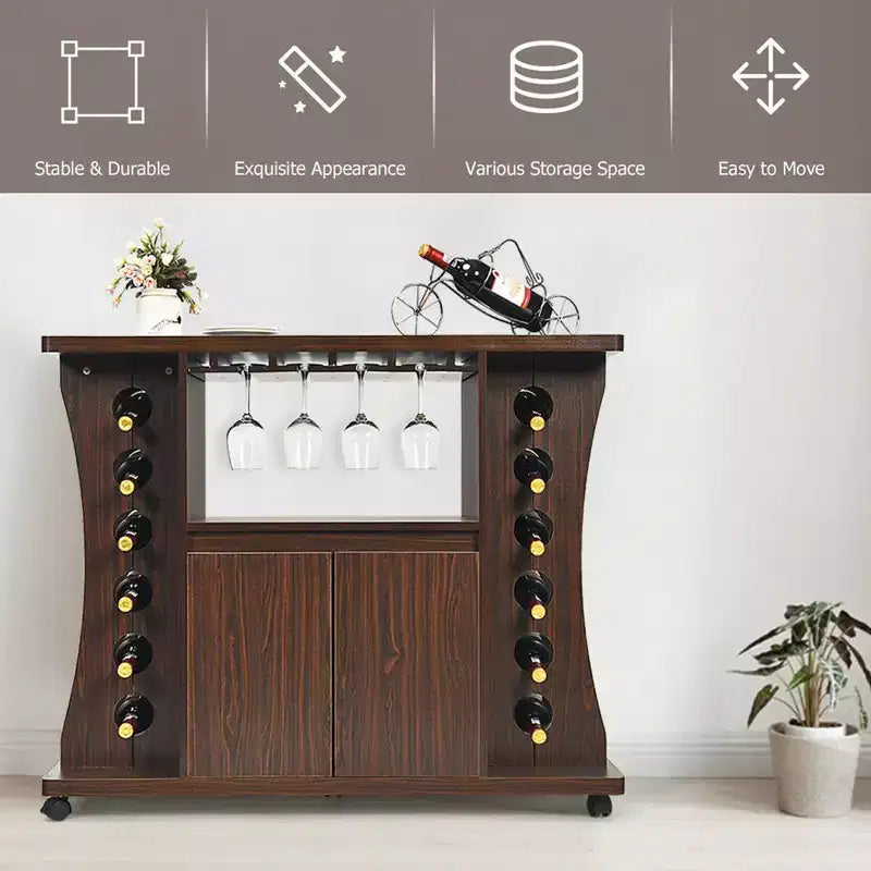 Credenza Buffet con Ruote Mobile Bar in Legno con Portabottiglie e Portabicchieri