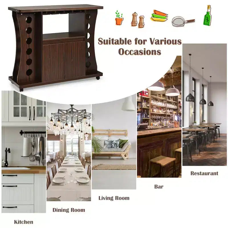 Credenza Buffet con Ruote Mobile Bar in Legno con Portabottiglie e Portabicchieri