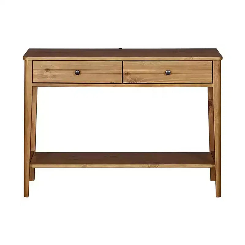 Consolle/Tavolo da Ingresso a 2 Livelli Mid-Century Moderno Classico in Legno Massello con Cassetti Contenitore, Marrone Miele