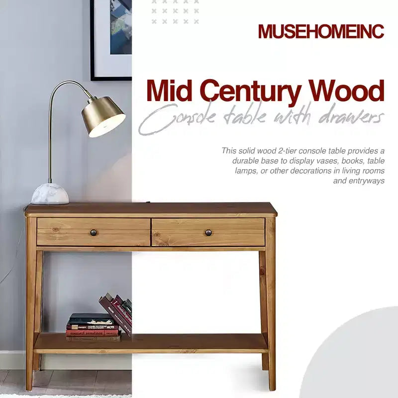 Consolle/Tavolo da Ingresso a 2 Livelli Mid-Century Moderno Classico in Legno Massello con Cassetti Contenitore, Marrone Miele
