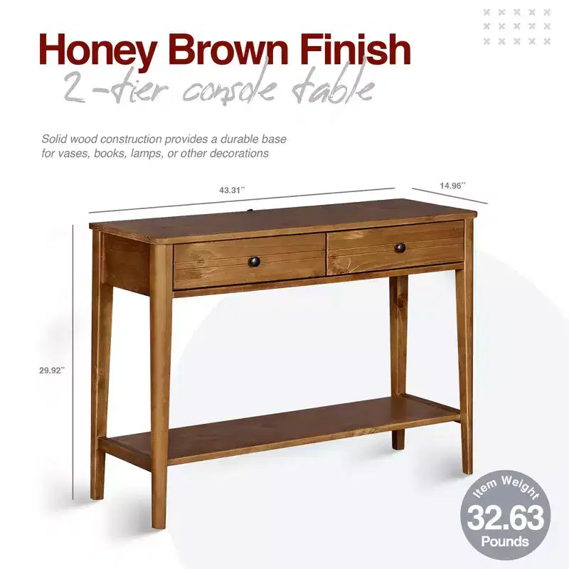 Consolle/Tavolo da Ingresso a 2 Livelli Mid-Century Moderno Classico in Legno Massello con Cassetti Contenitore, Marrone Miele