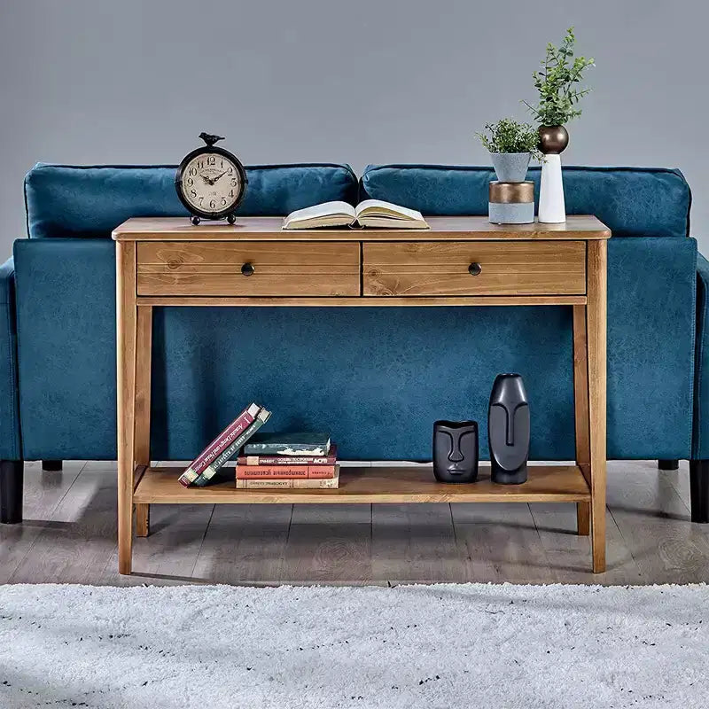 Consolle/Tavolo da Ingresso a 2 Livelli Mid-Century Moderno Classico in Legno Massello con Cassetti Contenitore, Marrone Miele