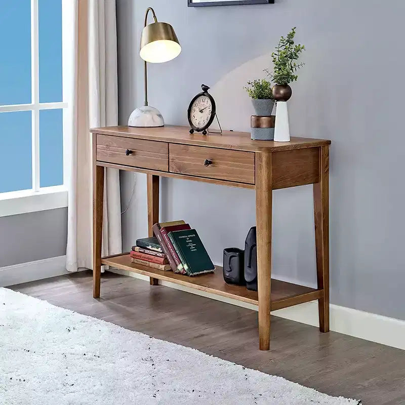 Consolle/Tavolo da Ingresso a 2 Livelli Mid-Century Moderno Classico in Legno Massello con Cassetti Contenitore, Marrone Miele