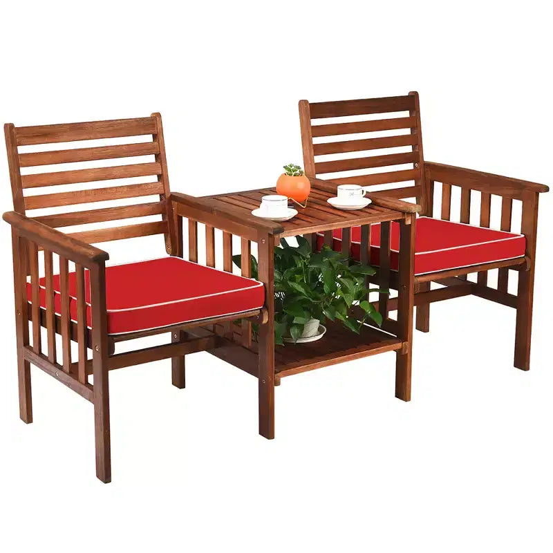 Costway Patio Loveseat Conversation Set Acacia Wood Chair Coffee Table Cushioned White\ Red