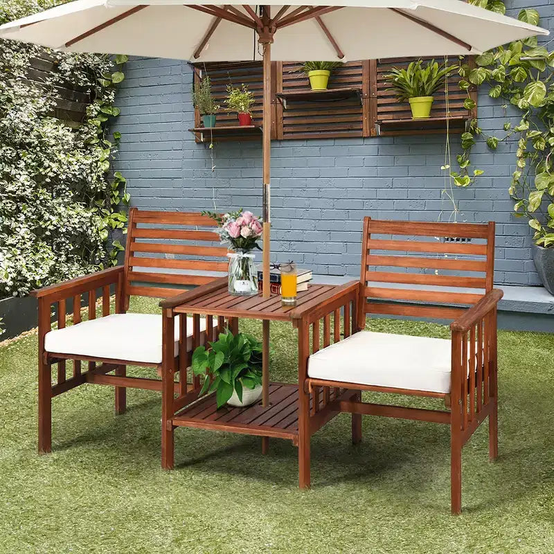 Costway Patio Loveseat Conversation Set Acacia Wood Chair Coffee Table Cushioned White\ Red