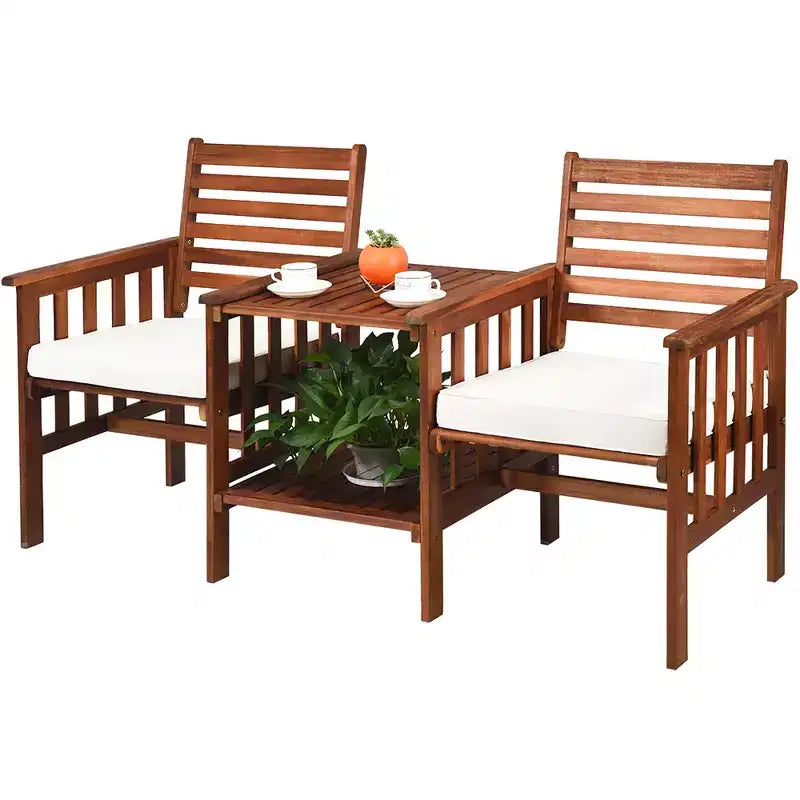 Costway Patio Loveseat Conversation Set Acacia Wood Chair Coffee Table Cushioned White\ Red