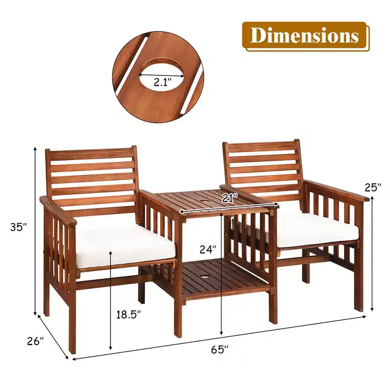 Costway Patio Loveseat Conversation Set Acacia Wood Chair Coffee Table Cushioned White\ Red