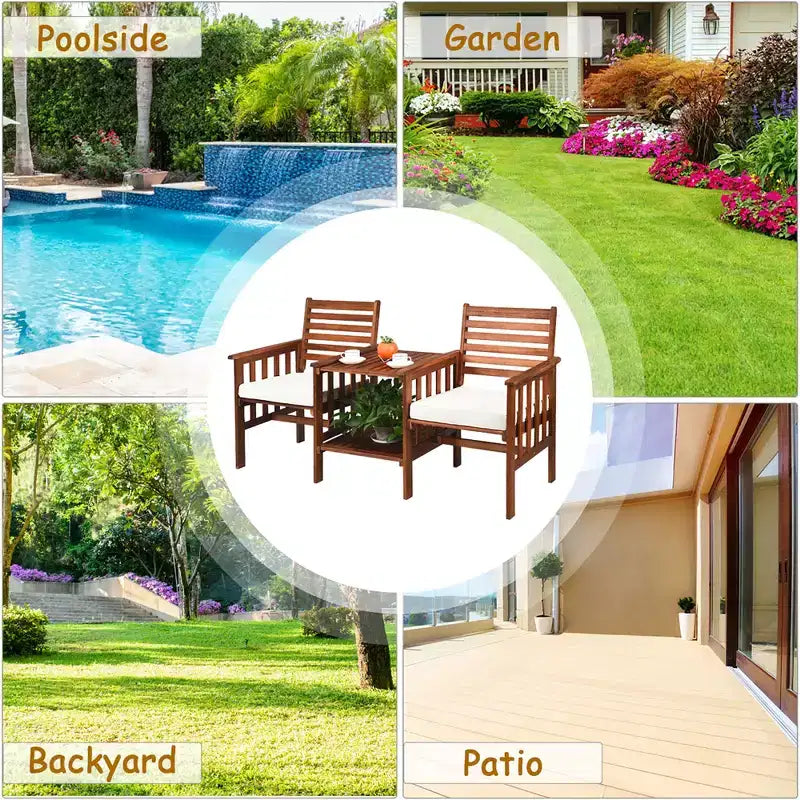 Costway Patio Loveseat Conversation Set Acacia Wood Chair Coffee Table Cushioned White\ Red