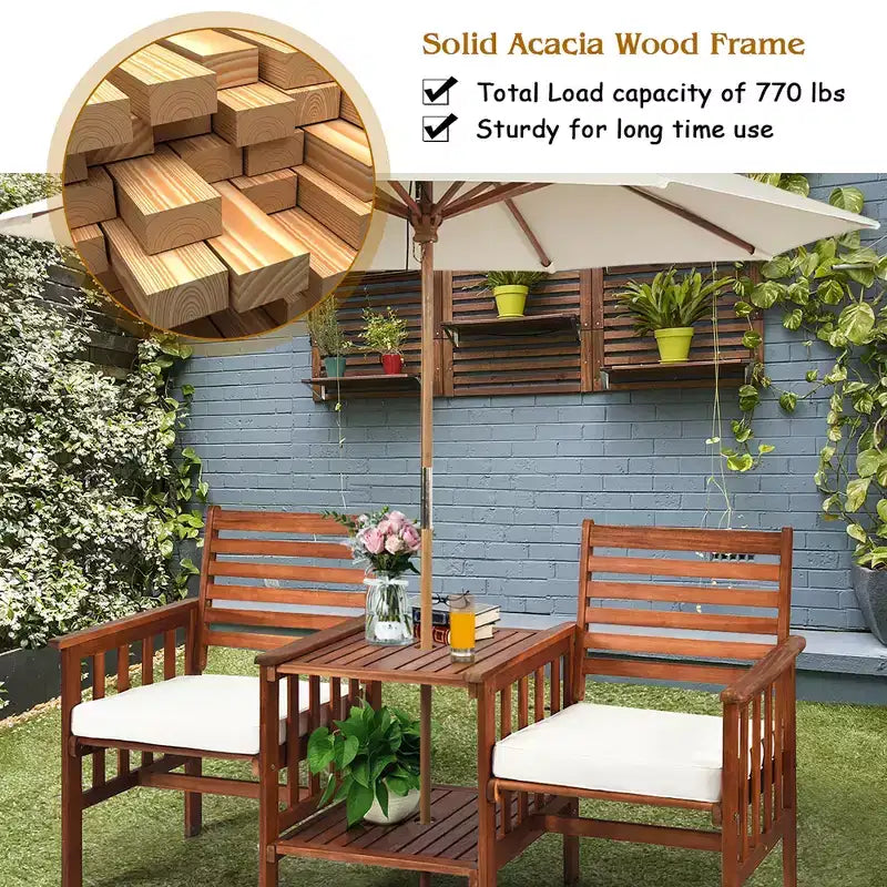 Costway Patio Loveseat Conversation Set Acacia Wood Chair Coffee Table Cushioned White\ Red