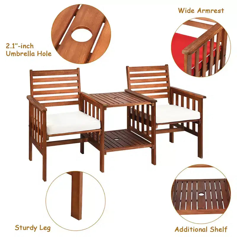 Costway Patio Loveseat Conversation Set Acacia Wood Chair Coffee Table Cushioned White\ Red