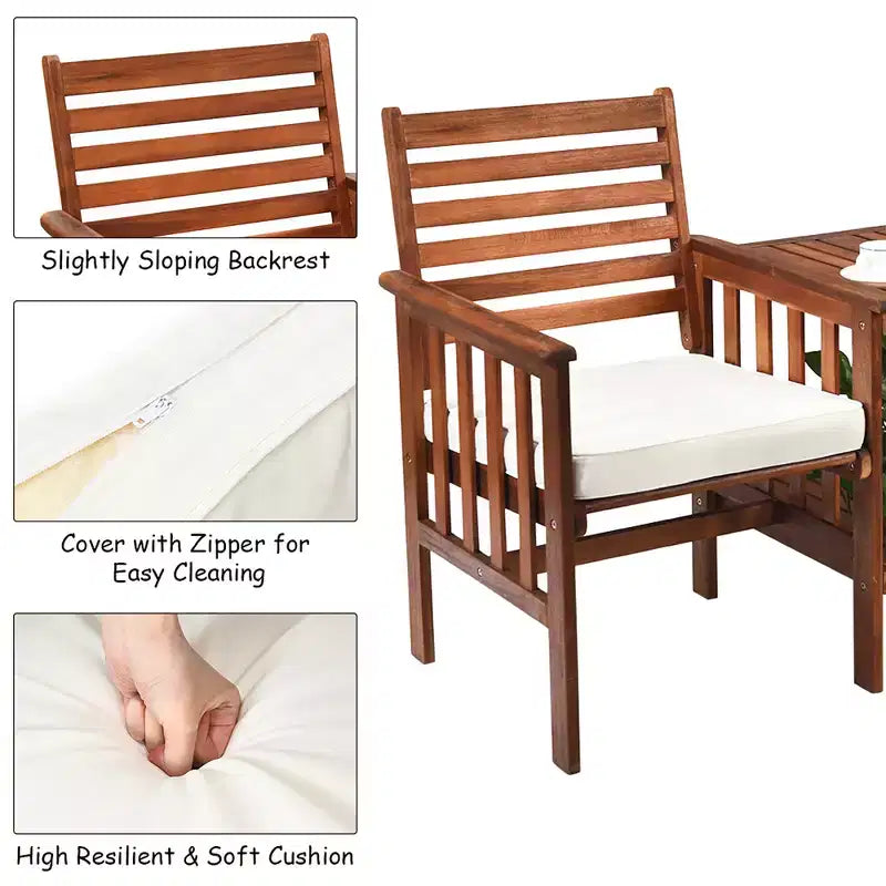 Costway Patio Loveseat Conversation Set Acacia Wood Chair Coffee Table Cushioned White\ Red