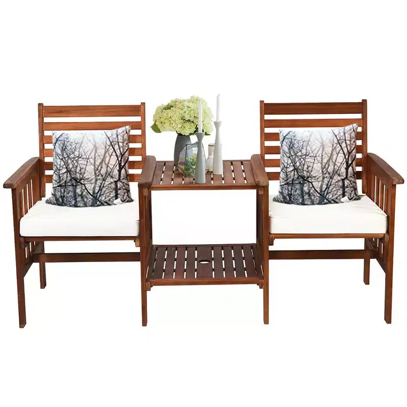 Costway Patio Loveseat Conversation Set Acacia Wood Chair Coffee Table Cushioned White\ Red