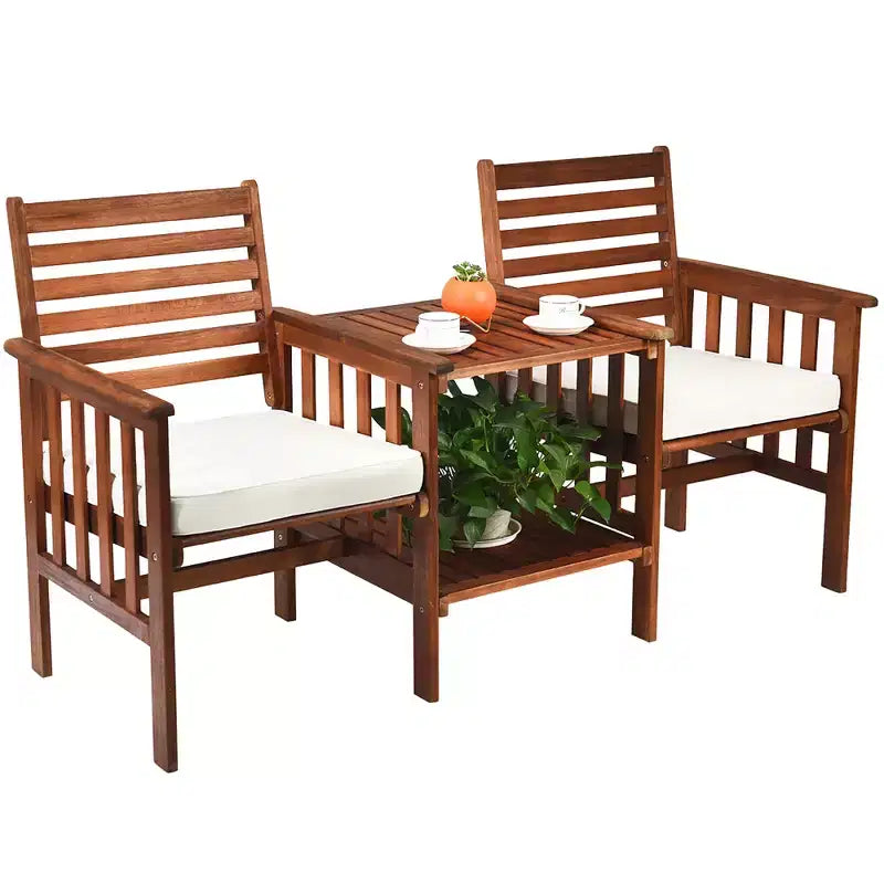 Costway Patio Loveseat Conversation Set Acacia Wood Chair Coffee Table Cushioned White\ Red