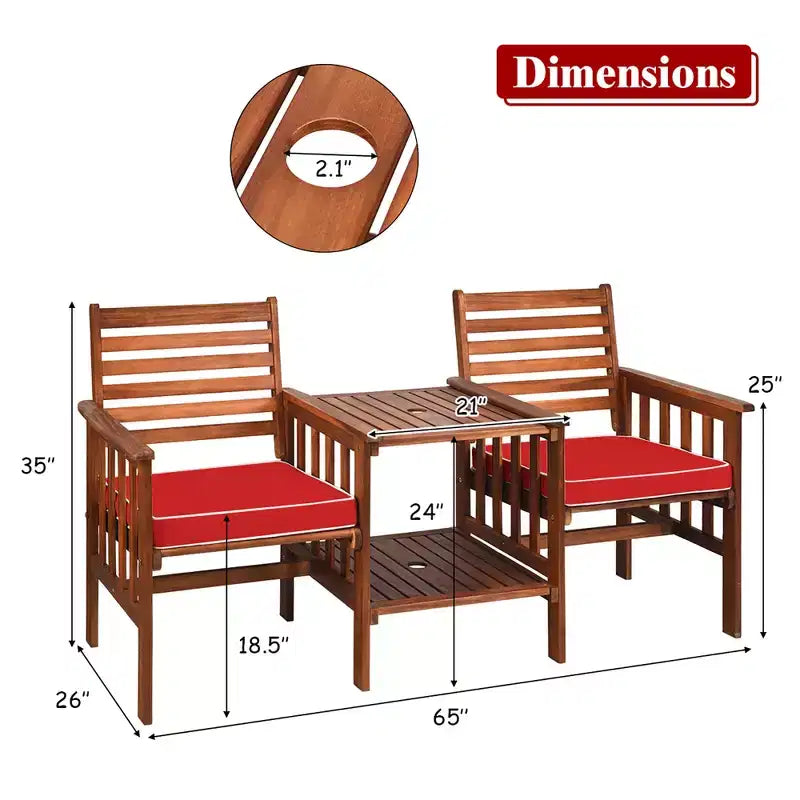 Costway Patio Loveseat Conversation Set Acacia Wood Chair Coffee Table Cushioned White\ Red